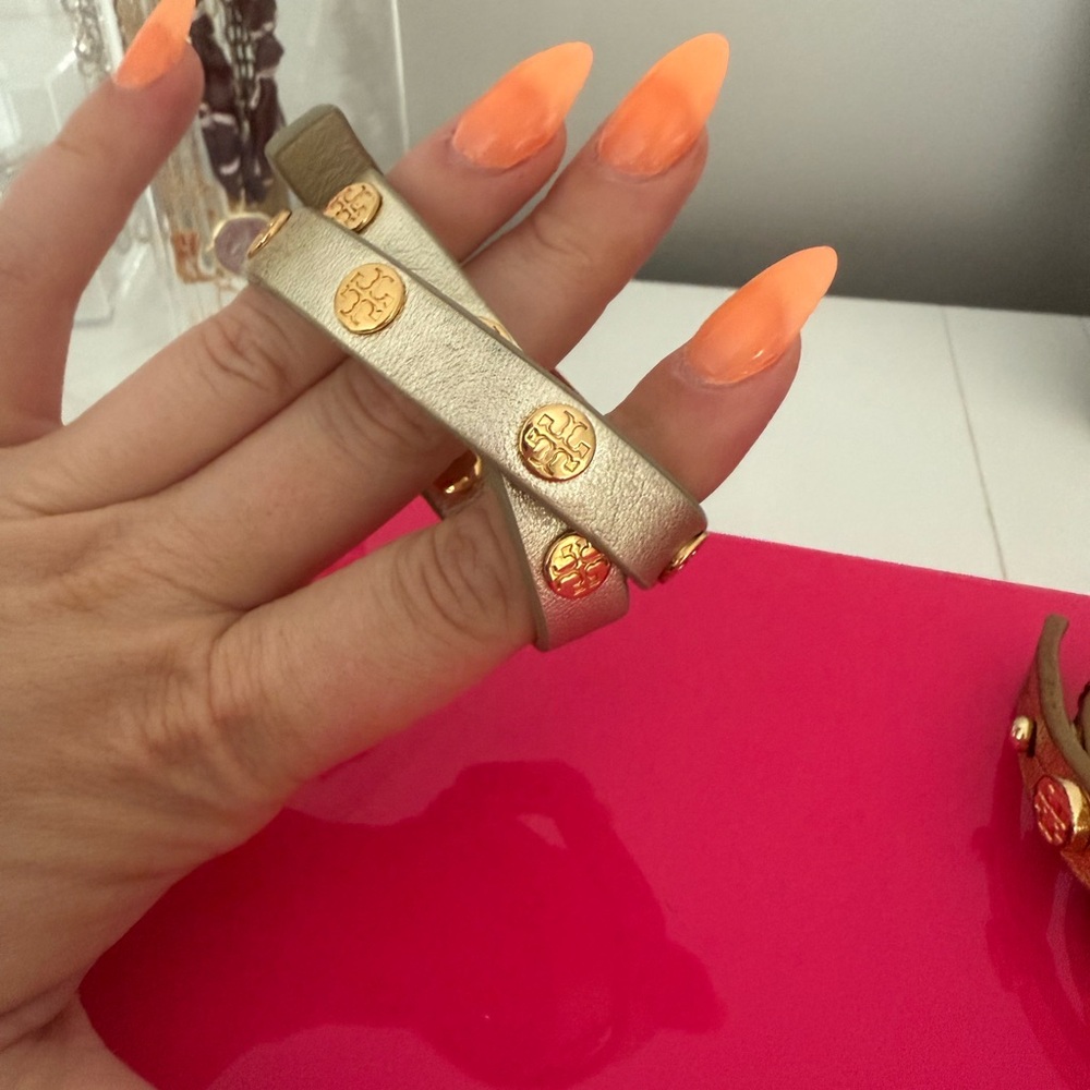 Tory Burch Gold Leather Wrap Bracelet with Logo Accents